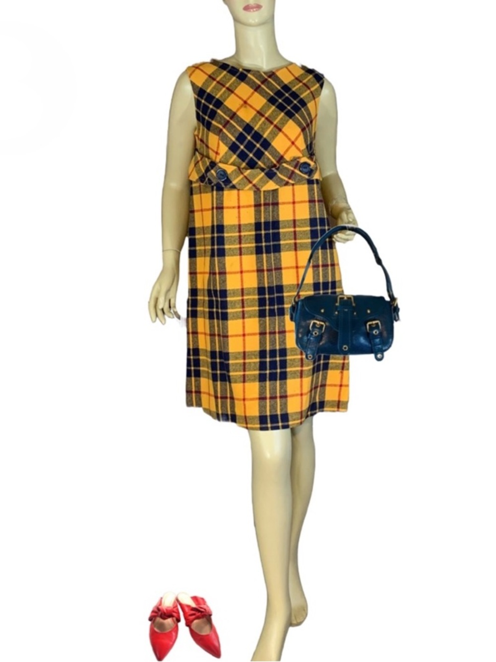 VINTAGE 1960'S M.H. FINE CO YELLOW & BLUE PLAID WOOL BLEND SHIFT DRESS (12)